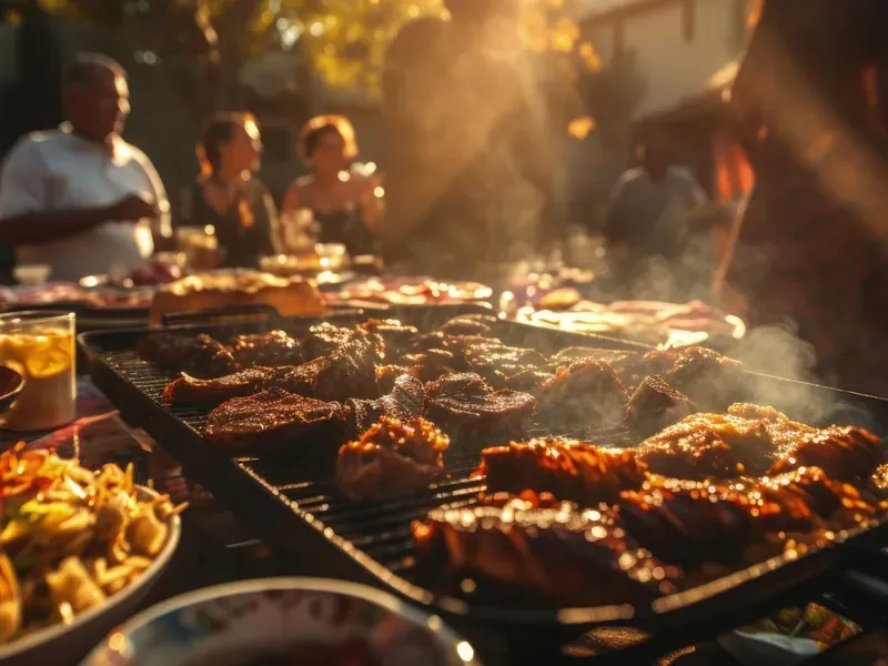 アパートの BBQ エリアでバーベキューを楽しむ様子